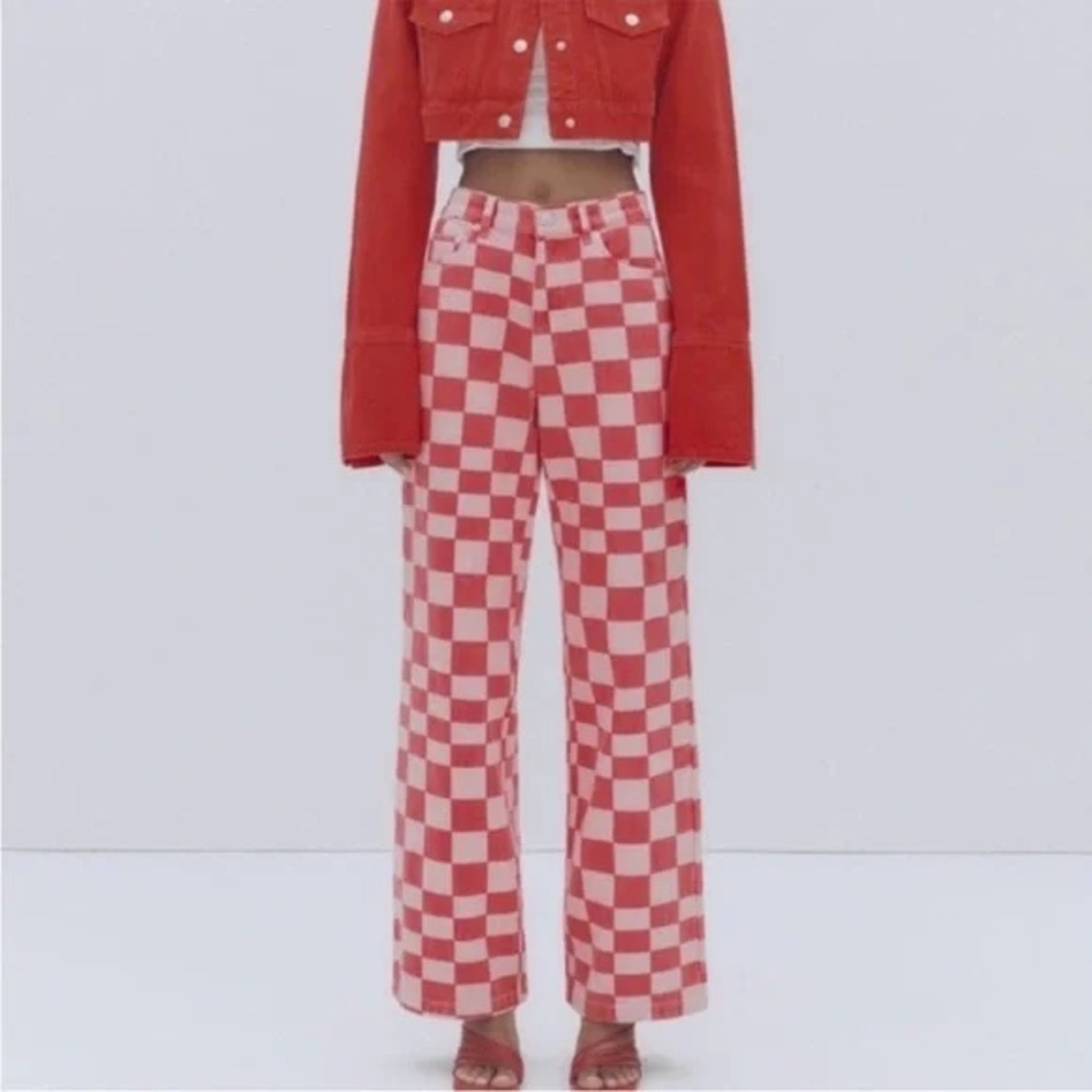 Checkerboard High-Rise Wide-Leg Jeans - Red/Pink